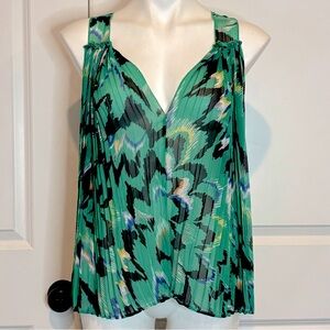 Rieley Green Abstract Print V-neck Racerback Pleated Tank Top M